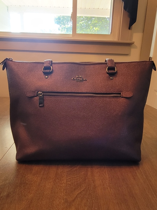 Coach Handbags - Coach Saffiano Metallic Deep Wine Textured Leather Zip Tote